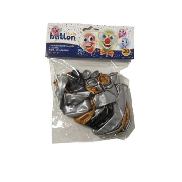 20 Ballons Métallisés - 21 cm - Noir, Or et Argent | jourdefete.com