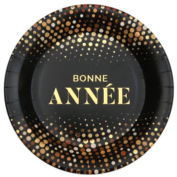 Assiettes Bonne Année Golden Noir 23 cm avec design festif et message doré | jourdefete.com