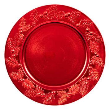 Assiette de présentation avec motifs de houx de Noël en plastique - Diamètre 33 cm - Couleur au choix