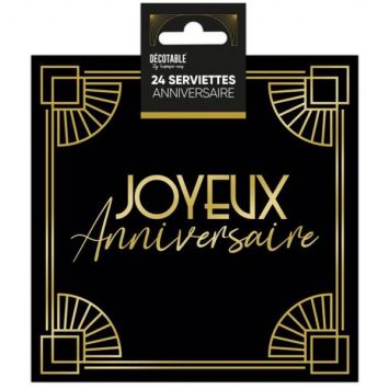 24 serviettes en papier "Joyeux Anniversaire" - 33 x 33 cm - Collection Art Déco