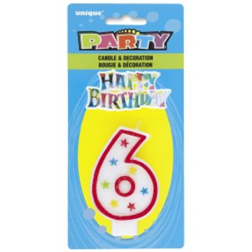 Bougie d'Anniversaire Chiffre 6 - Blanc et Rouge à étoiles avec décor