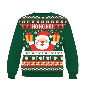 Pull moche de Noël enfant vert avec Père Noël et motifs festifs | jourdefete.com