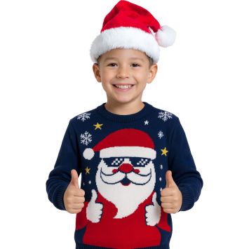 Pull moche de Noël bleu pour enfant - Père Noël - Taille au choix