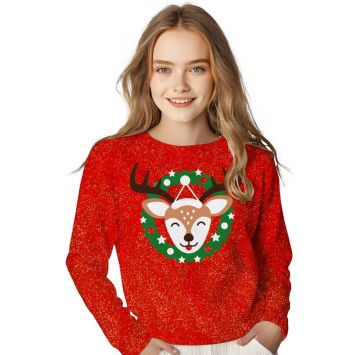 Pull moche de Noël pailleté pour enfant - Renne - Taille au choix