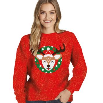 Pull moche de Noël pailleté pour femme - Renne - Taille au choix