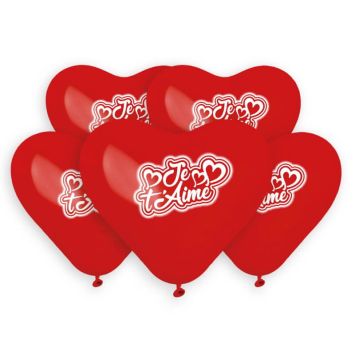 5 ballons cœurs rouges imprimés je t'aime de 25 cm | jourdefete.com