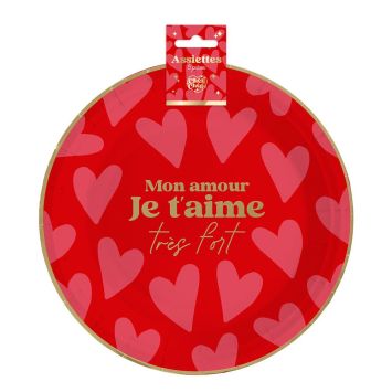 6 assiettes en carton - Diamètre 23 cm - Saint-Valentin - Collection Chéri Chérie