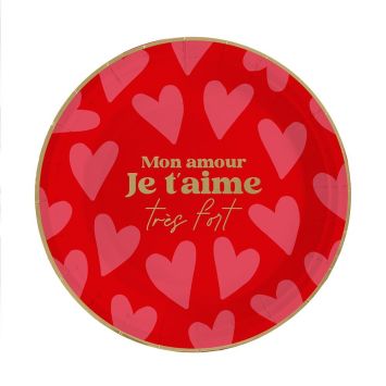 Un lot de 6 assiettes pour la Saint-Valentin avec écrit "Mon amour je t'aime très fort" | jourdefete.com