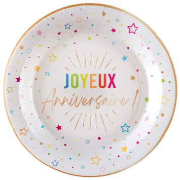 6 assiettes "Joyeux Anniversaire" en carton - Diamètre 22,5 cm - Collection Festicolor - Couleur au choix