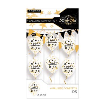 6 ballons à confettis "Joyeux Anniversaire" en latex - 30 cm - Collection Party Chic - Couleur au choix