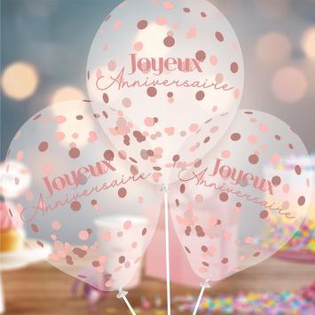 6 ballons à confettis "Joyeux Anniversaire" en latex - Rose Gold - 30 cm - Collection Party Blush