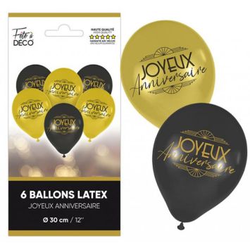 6 ballons en latex "Joyeux Anniversaire" - 30 cm - Collection Art Déco