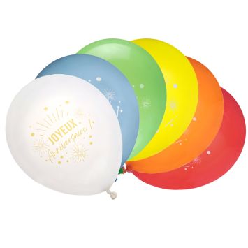 6 ballons "Joyeux Anniversaire" en latex - Diamètre 30 cm - Couleur au choix