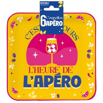 Coupelles carrées jaunes "L'heure de l'Apéro" avec verre de cocktail | jourdefete.com