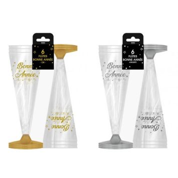 6 flûtes à champagne en plastique - Bonne Année - Couleur au choix