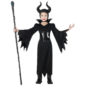 Fille portant un déguisement de reine maléfique noire avec une longue robe aux manches évasées et une coiffe à cornes pour Halloween | jourdefete.com
