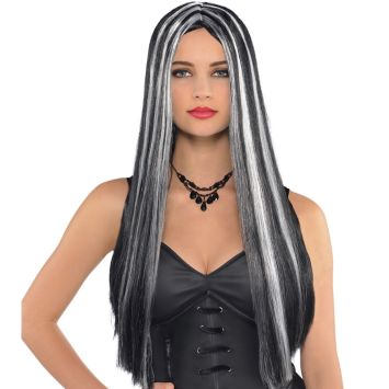 Perruque Femme - Vieille Sorcière - Noire avec Mèches Blanches