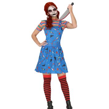Femme portant un déguisement de poupée tueuse avec une robe bleue pour Halloween | jourdefete.com