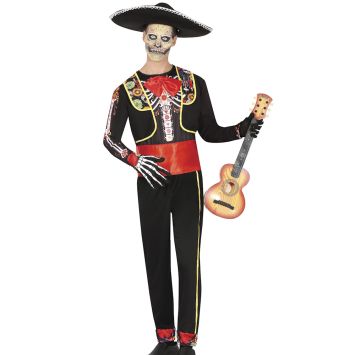 Homme portant un déguisement de mariachi squelette noir avec des motifs floraux colorés et une ceinture rouge pour la fête de Dia de los Muertos | jourdefete.com
