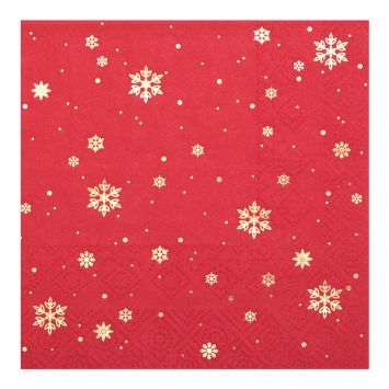 Serviettes de Noël rouges avec motifs flocons dorés 25x25 cm x10 | jourdefete.com