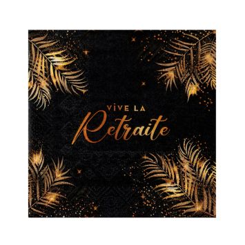 Serviettes cocktail Vive la Retraite or avec feuillages en noir pour fête de départ à la retraite | jourdefete.com