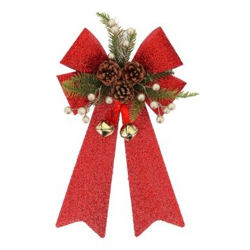 Nœud de Noël pailleté rouge avec pommes de pin et branchages décoratifs | jourdefete.com