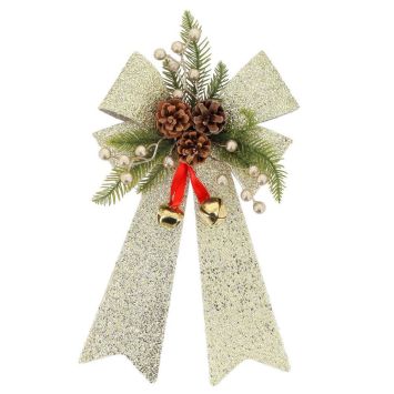 Nœud de Noël avec pommes de pin et branchages pailletés - 26 x 41 cm - Collection Conte de Noël - Couleur au choix