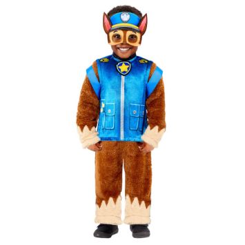 Déguisement enfant de chiot policier en peluche. C'est un déguisement de héros avec fourrure et gilet bleu