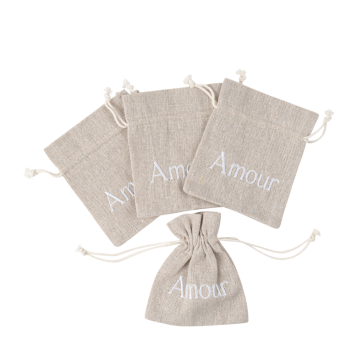 4 pochons "Amour" en tissu avec effet lin - 9,5 x 11,5 cm