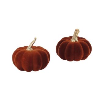 2 petites citrouilles en velours ambré avec tiges dorées pour déco automnale | jourdefete.com