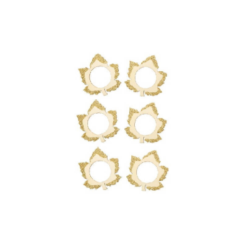 6 Ronds de Serviette Feuilles d'Erable en Bois Naturel et Paillettes Or