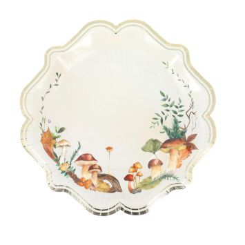 Assiettes en carton décorées de champignons et feuilles d'automne avec liseré doré | jourdefete.com