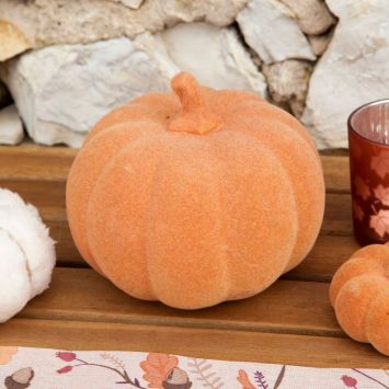 Décoration à poser d'automne - Citrouille en résine à effet velours - 11 x 12,5 cm