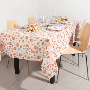 Nappe d'automne en toile de coton avec impression de citrouilles et feuilles - 140 x 240 cm