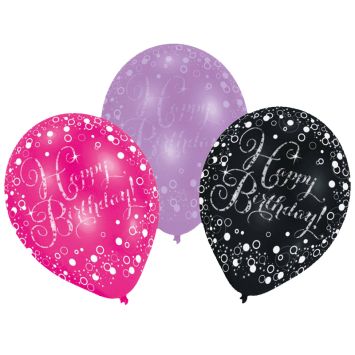 6 Ballons de Baudruche "Happy Birthday" - Violet / Noir / Rose