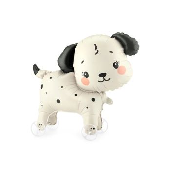 Ballon en aluminium en forme de petit chien blanc à taches noires sur roulettes | jourdefete.com