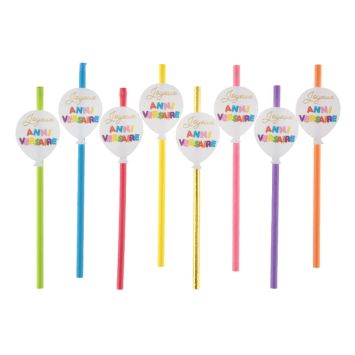 8 pailles en papier anniversaire ballons multicolores
