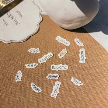 100 confettis "Baptême" en papier à parsemer - Collection Baptême Effet Lin et Or