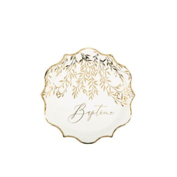 8 Assiettes Baptême Jolis Brins Blanches et Or 22.5cm | jourdefete.com