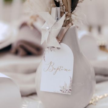 10 Étiquettes + Ruban Satin Taupe - Collection Pampas, Fleurs de Coton et Or