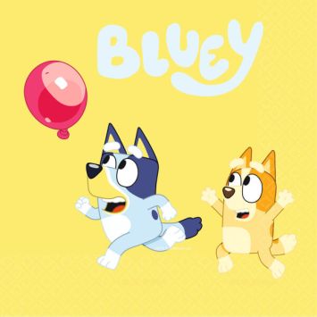 Serviettes Bluey 33 x 33 cm avec Bluey et Bingo courant après un ballon rouge | jourdefete.com