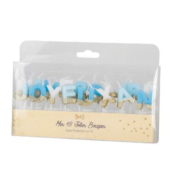 18 bougies à paillettes dorées "Joyeux Anniversaire" sur pics - Couleur au choix