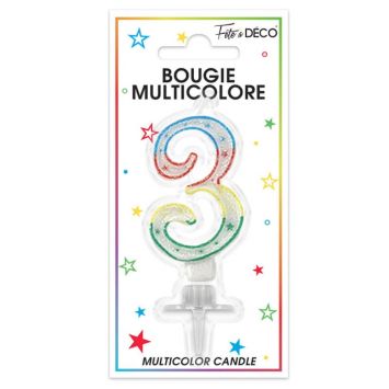 Bougie d'anniversaire multicolore chiffre 3