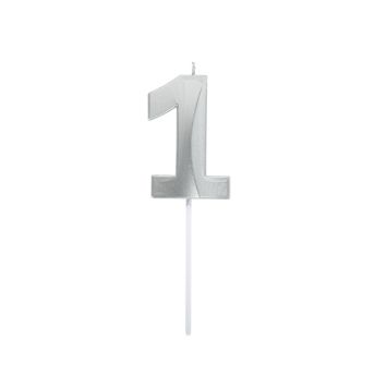 Bougie graphique en forme de chiffre sur pic - Argent - 7 cm - Chiffre au choix