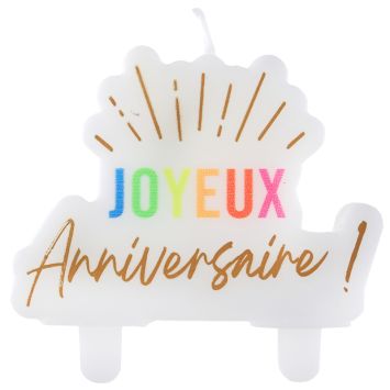 Bougie d’anniversaire Joyeux Anniversaire blanche avec lettrage doré et coloré | jourdefete.com