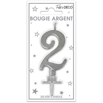 Bougie métallisée argentée pour anniversaire - 6 cm - Chiffre au choix