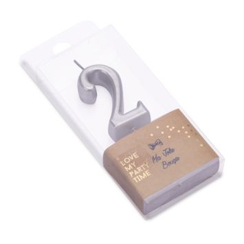 Bougie métallisée en forme de chiffre sur pic - Argent - 4,3 cm - Chiffre au choix