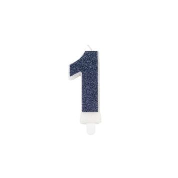 Bougie pailletée en forme de chiffre sur bobèche - Bleu Marine - 7,3 cm - Chiffre au choix