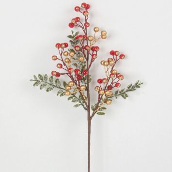 branche enneigée baies rouges et dorées paillettes 45 cm | jourdefete.com