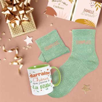 Coffret Mug "Marraine Chérie" et Chaussettes à paillettes "Complice" pour femme - Collection Famille d'Amour